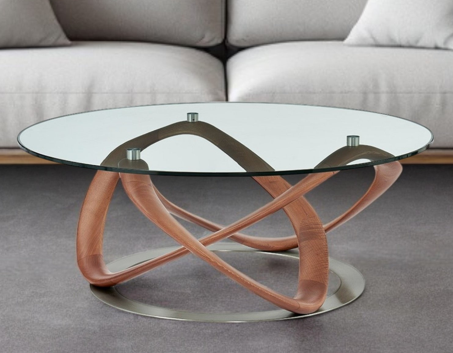 Clear & Brown Glass & Solid Wood Round Abstract Coffee Table image 1