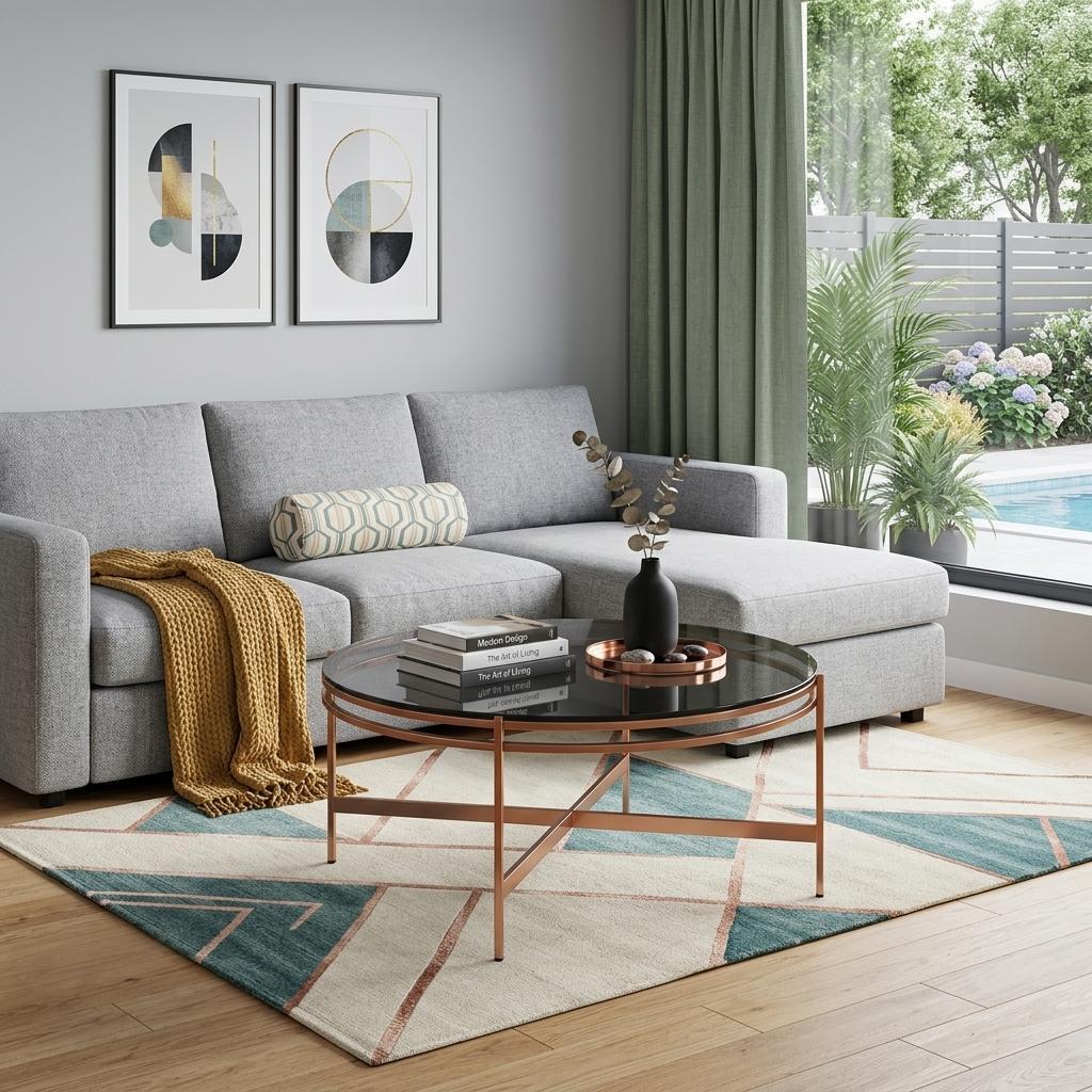 Gray & Gold Glass & Stainless Steel Round Coffee Table image 1