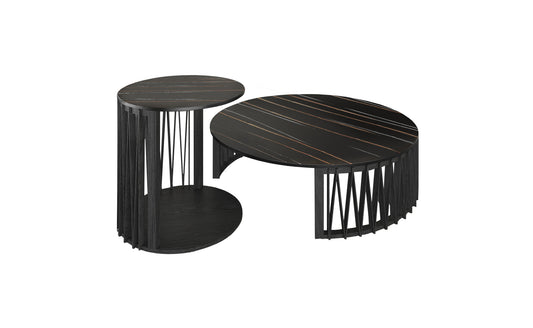 Black Marble & Solid Wood Round Nesting Tables