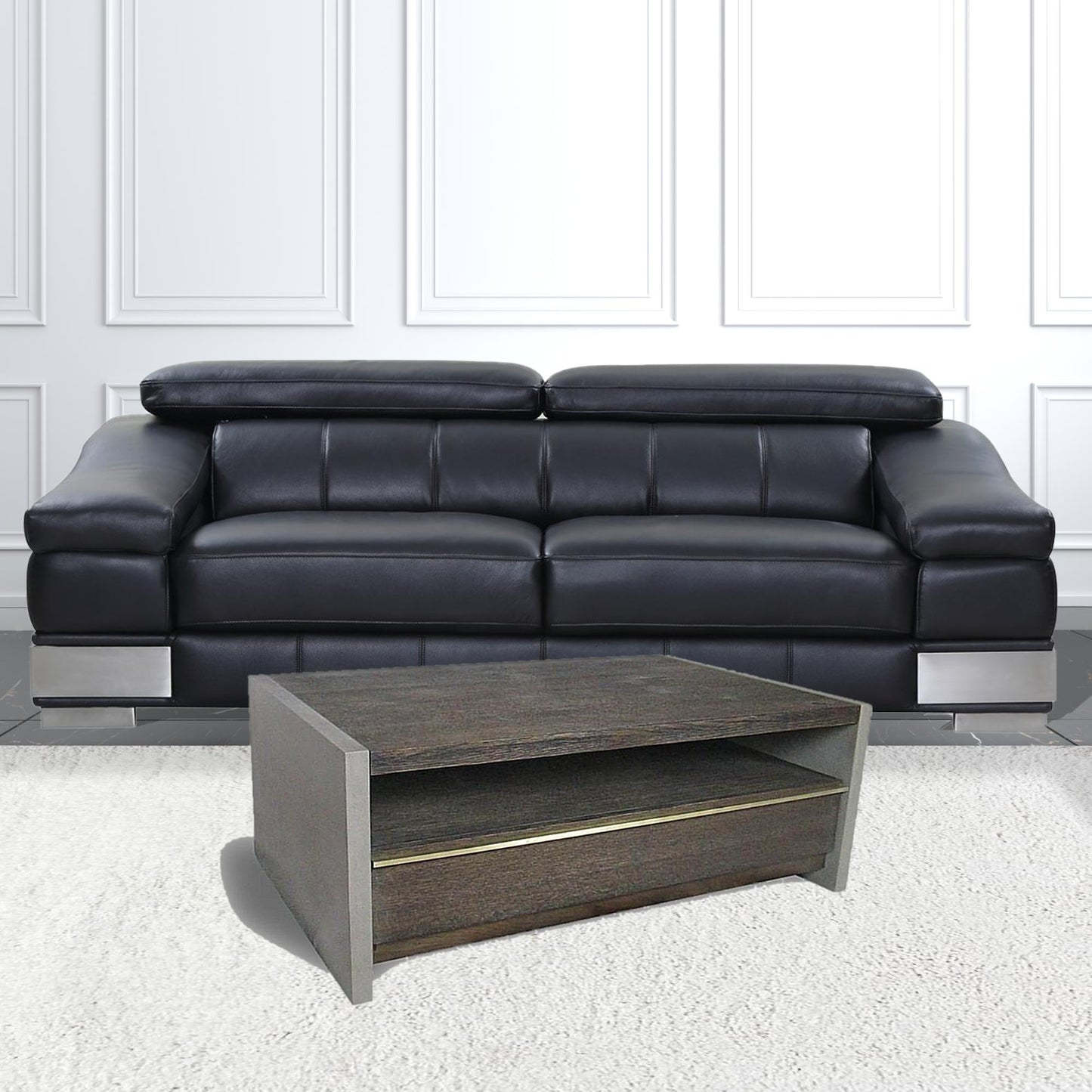 Dark Grey Walnut & Concrete Coffee Table w/ Drawer