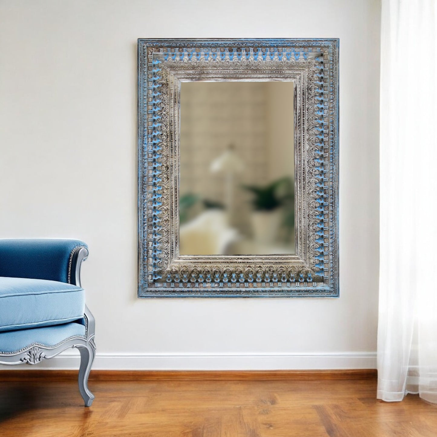 Blue and Silver Solid Wood Accent Mirror
