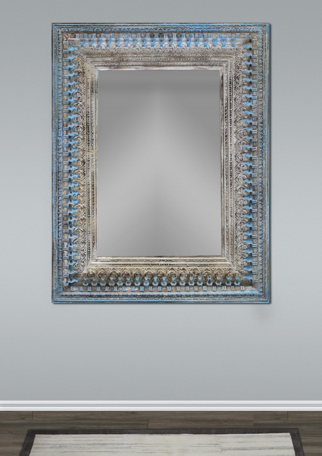 Blue and Silver Solid Wood Accent Mirror