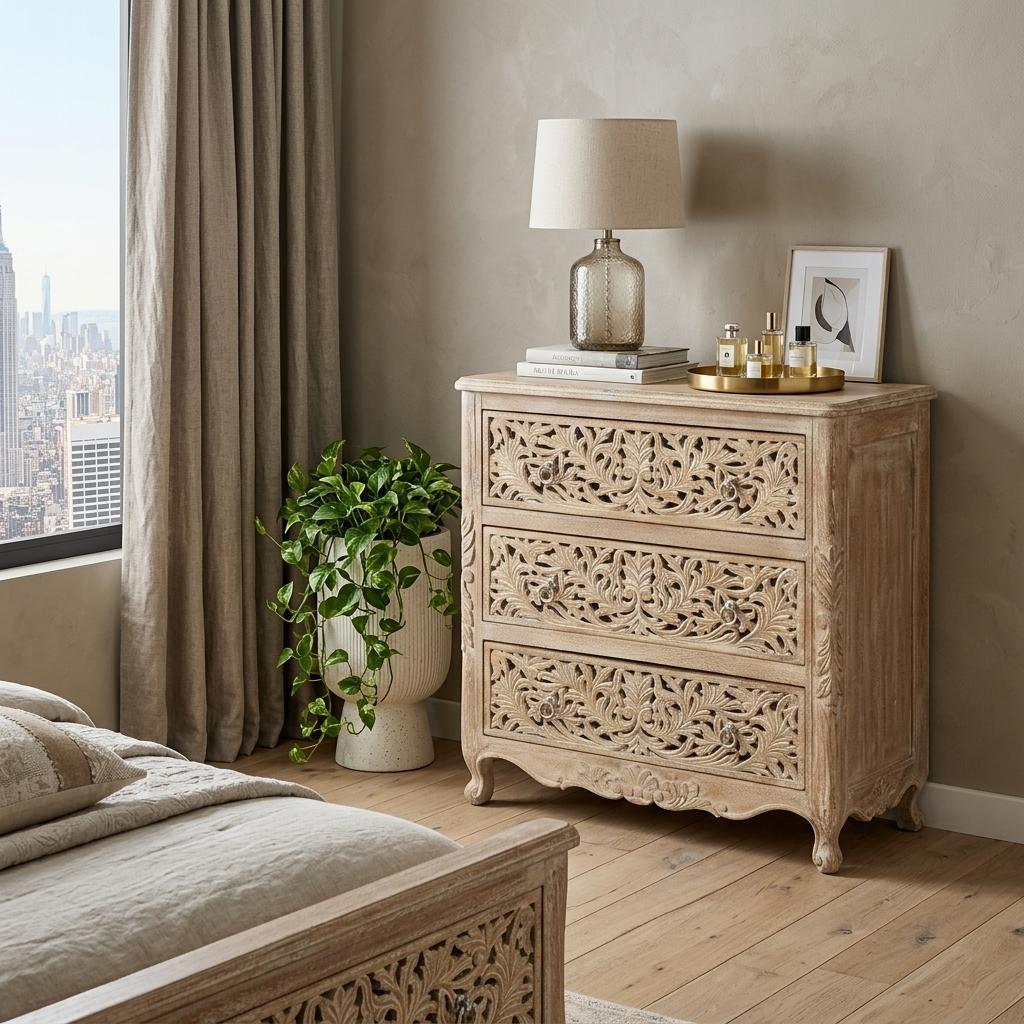 Antiqued White Solid Wood Three Drawer Dresser image 1