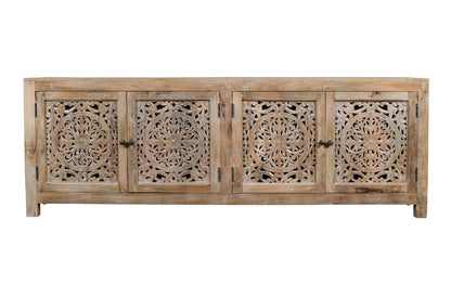 Natural Carved Floral Distressed Solid Wood Media Console