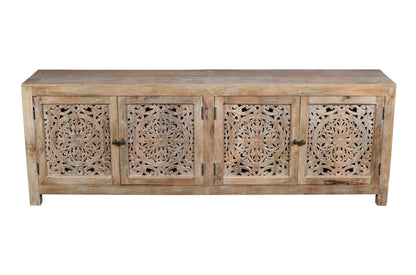 Natural Carved Floral Distressed Solid Wood Media Console