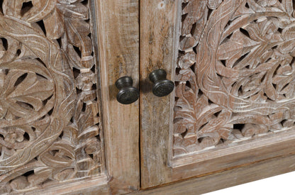 Natural Carved Floral Distressed Solid Wood Media Console