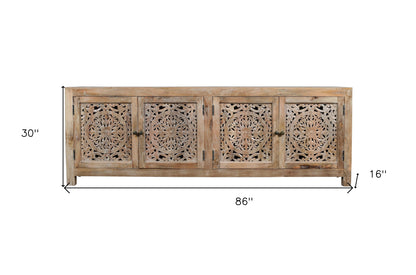 Natural Carved Floral Distressed Solid Wood Media Console