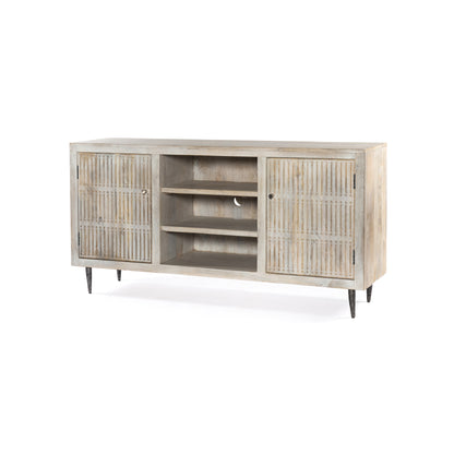 Ivory Carved Distressed Solid Wood Media Console