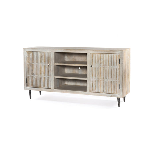 Ivory Carved Distressed Solid Wood Media Console