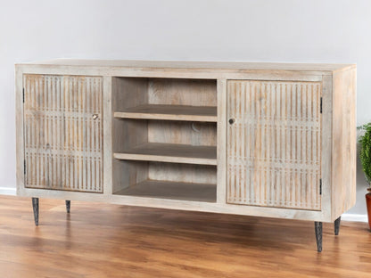 Ivory Carved Distressed Solid Wood Media Console