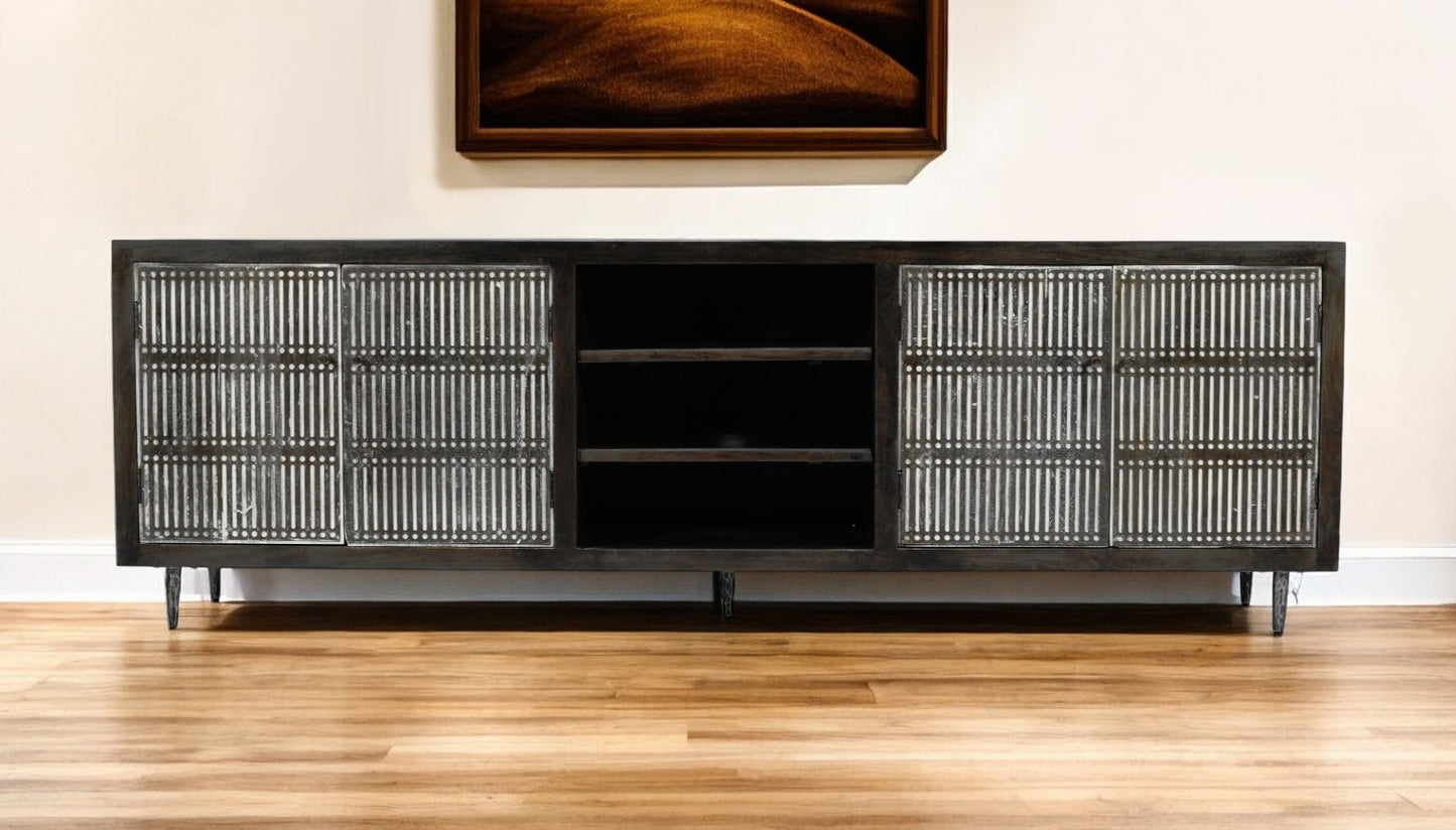 Dark Brown Carved Distressed Solid Wood Media Console