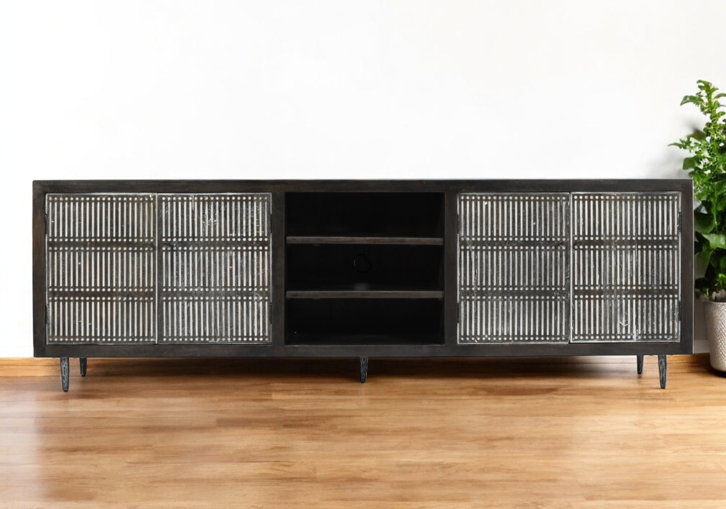 Dark Brown Carved Distressed Solid Wood Media Console