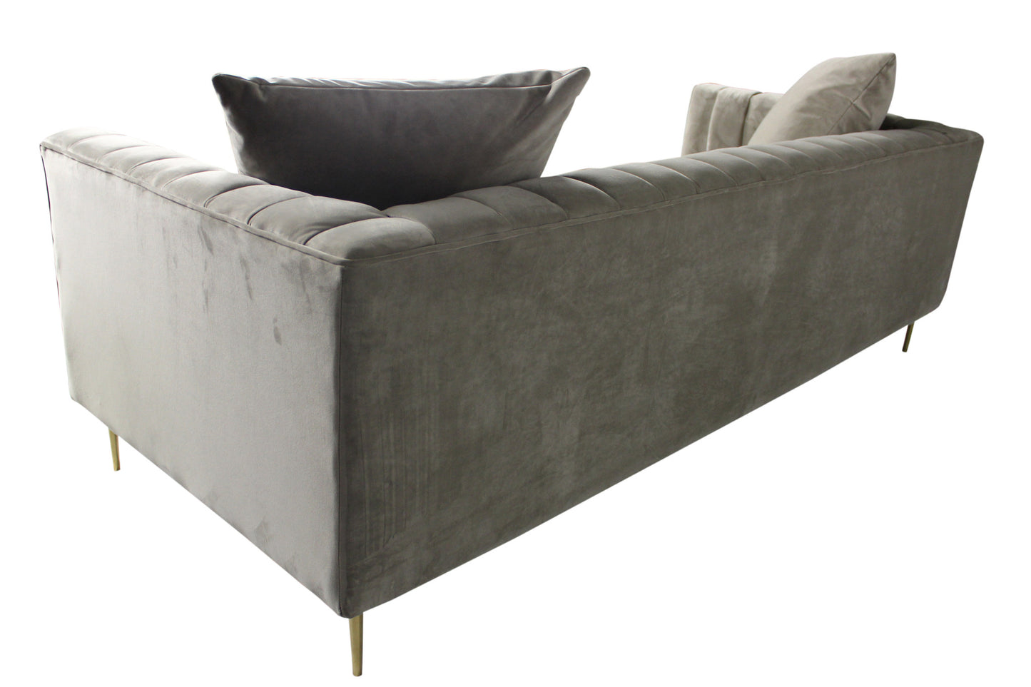 Gray Brown Velvet Sofa & Toss Pillows With Gold Legs