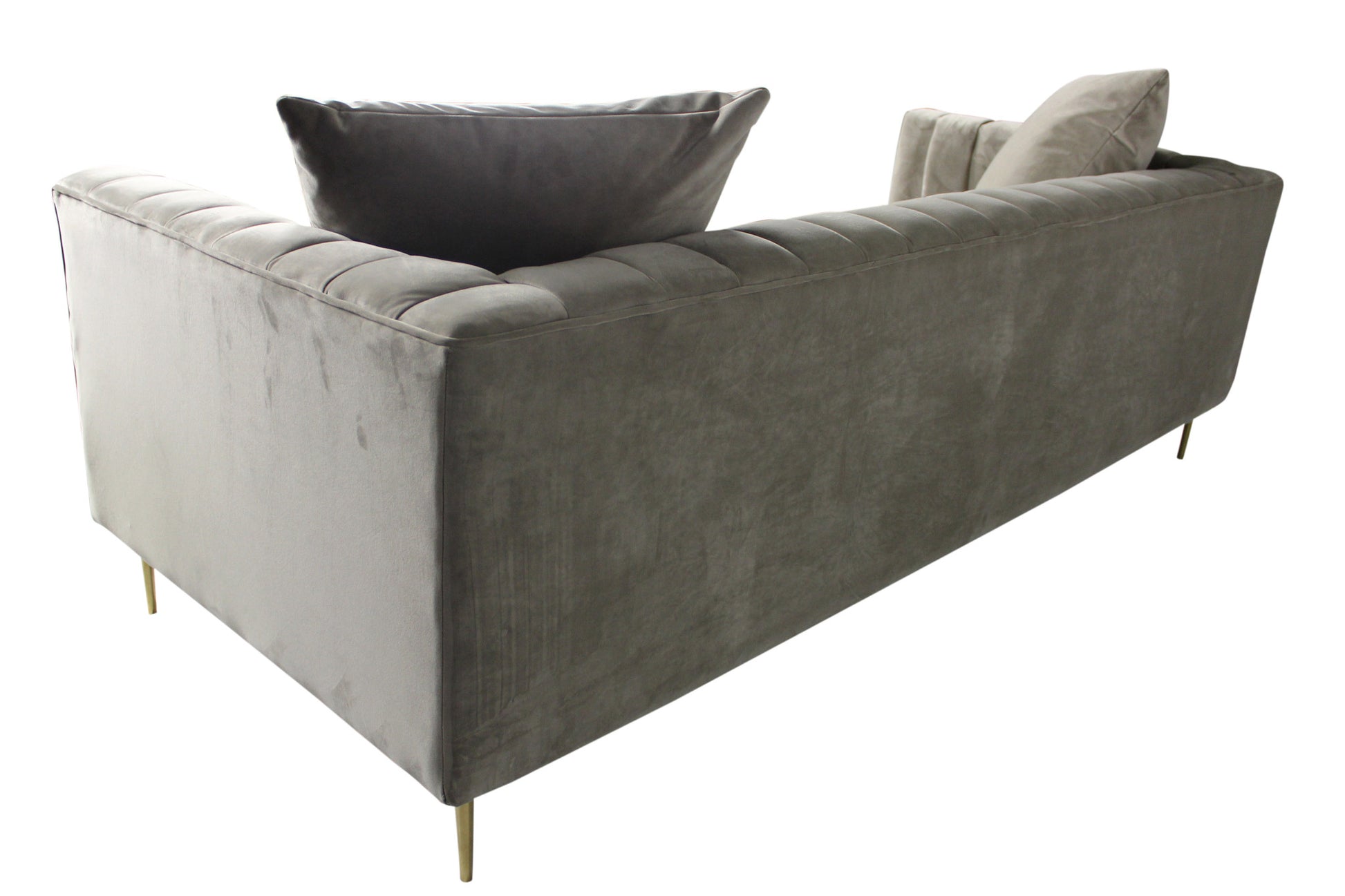 Gray Brown Velvet Sofa & Toss Pillows With Gold Legs