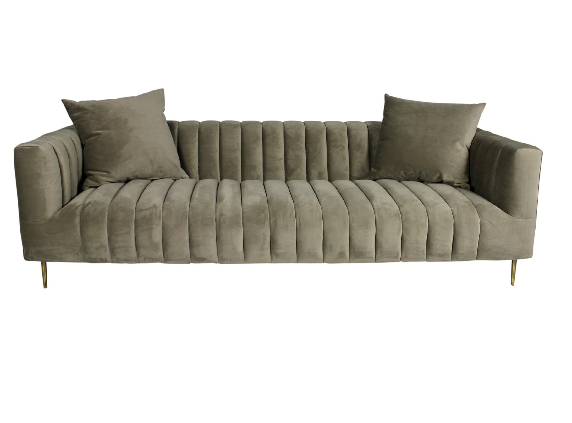 Gray Brown Velvet Sofa & Toss Pillows With Gold Legs