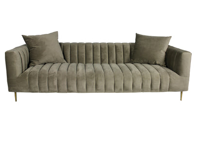 Gray Brown Velvet Sofa & Toss Pillows With Gold Legs