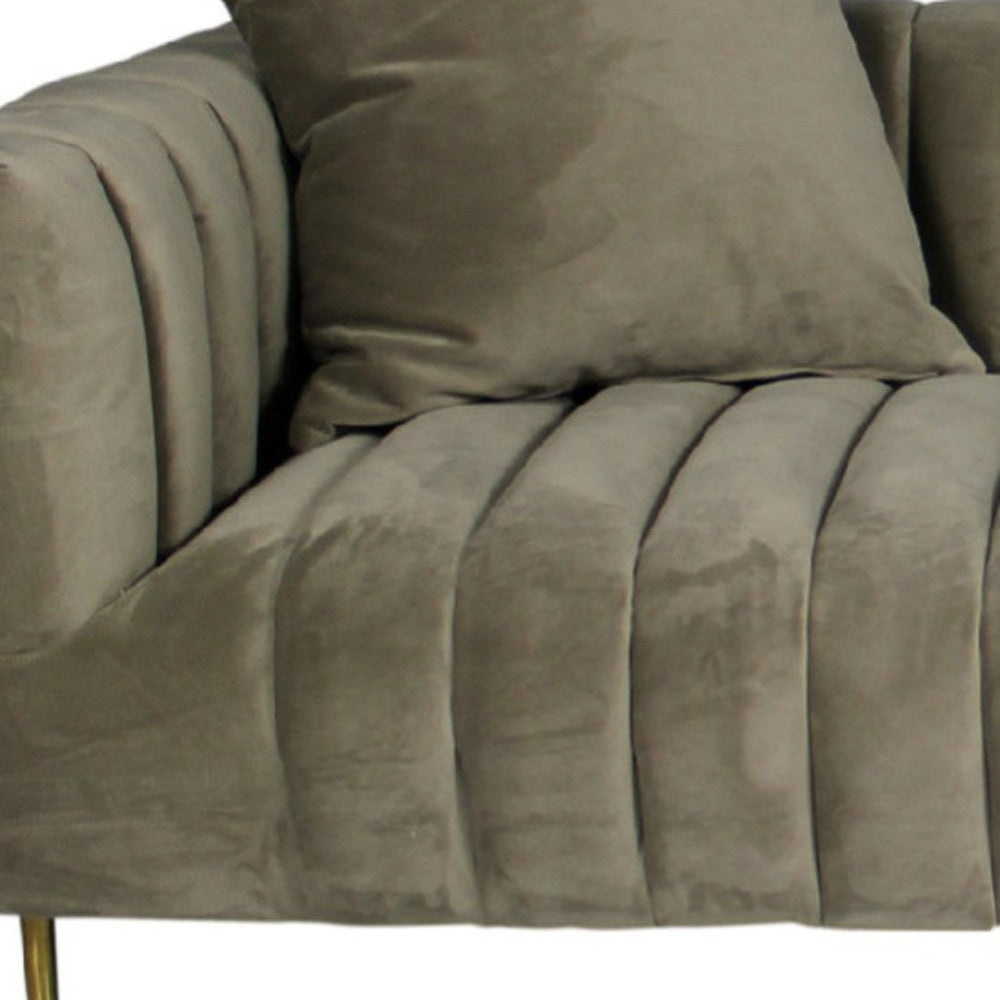 Gray Brown Velvet Sofa & Toss Pillows With Gold Legs