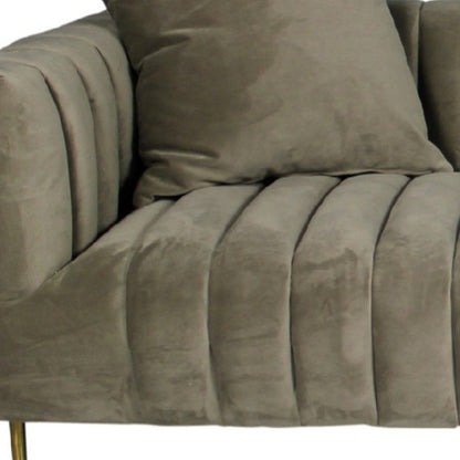 Gray Brown Velvet Sofa & Toss Pillows With Gold Legs