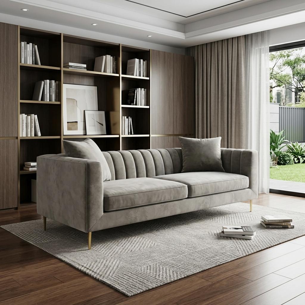 Gray Brown Velvet Sofa & Toss Pillows With Gold Legs