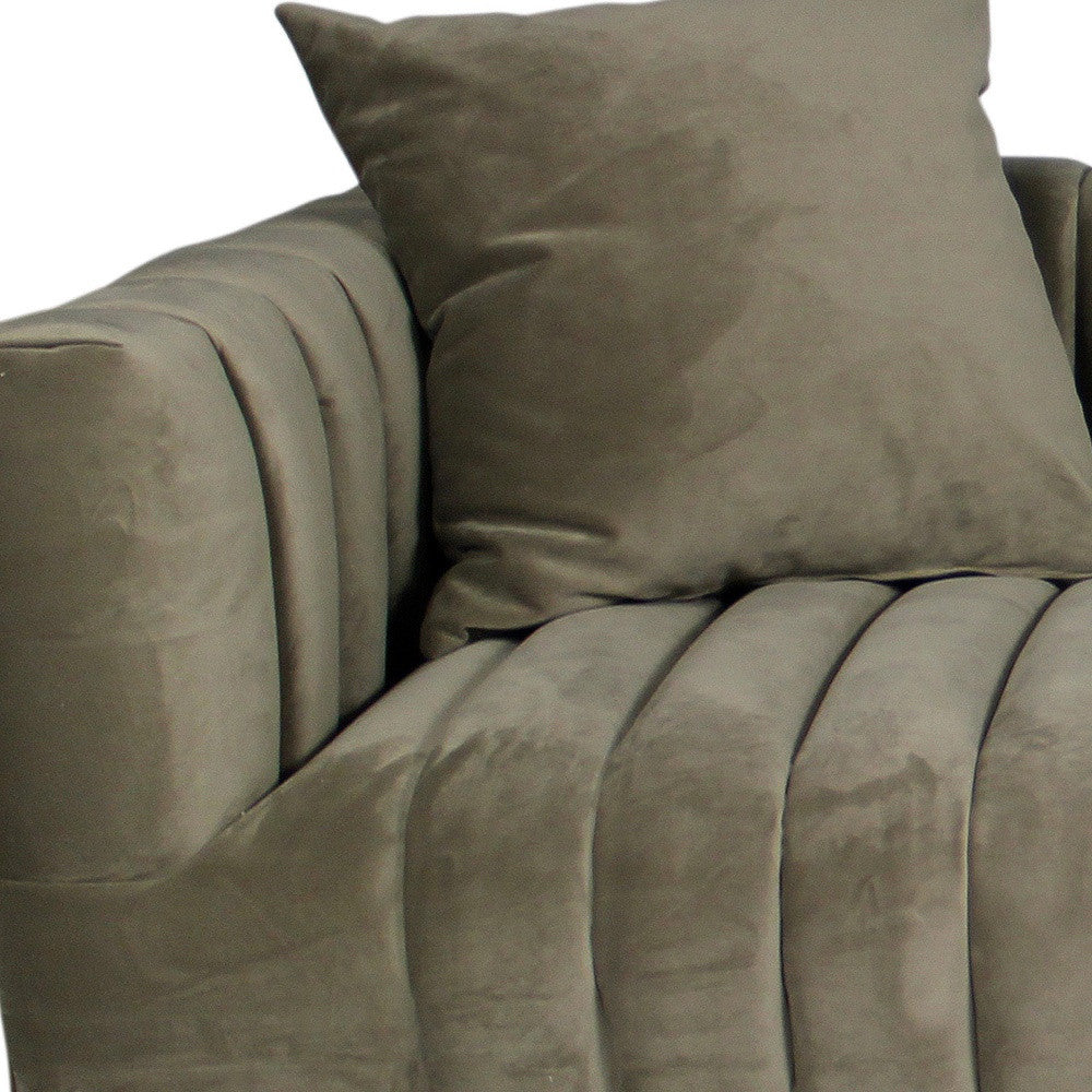Gray Brown Velvet Sofa & Toss Pillows With Gold Legs