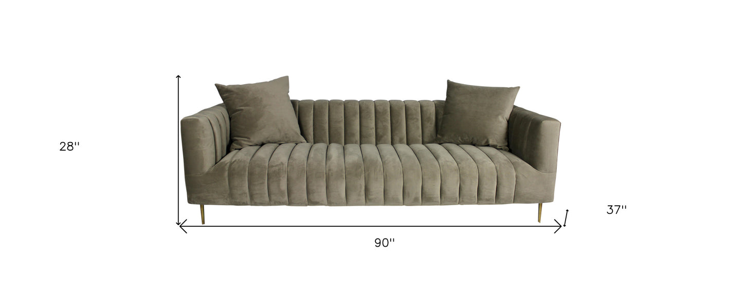 Gray Brown Velvet Sofa & Toss Pillows With Gold Legs
