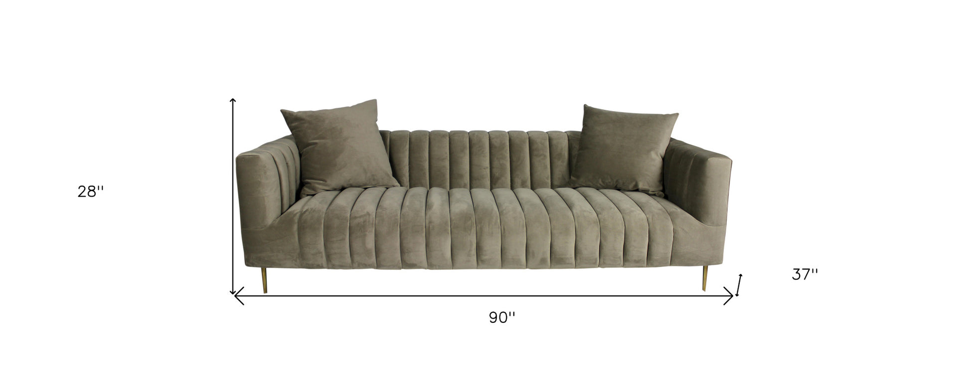 Gray Brown Velvet Sofa & Toss Pillows With Gold Legs