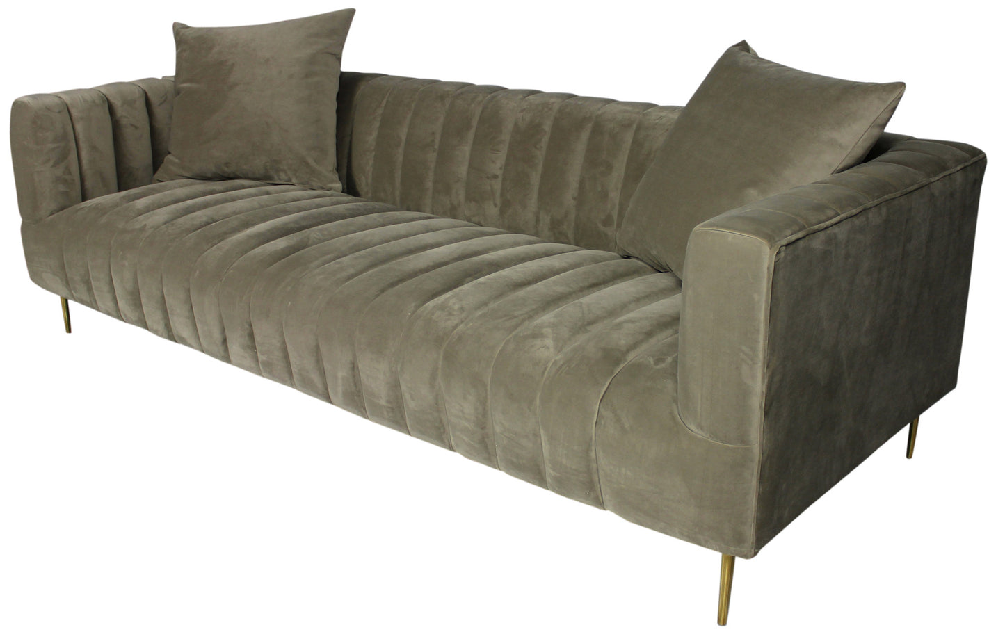 Gray Brown Velvet Sofa & Toss Pillows With Gold Legs