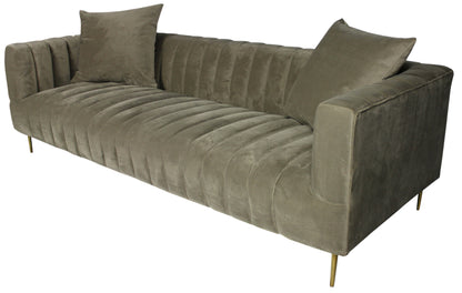 Gray Brown Velvet Sofa & Toss Pillows With Gold Legs