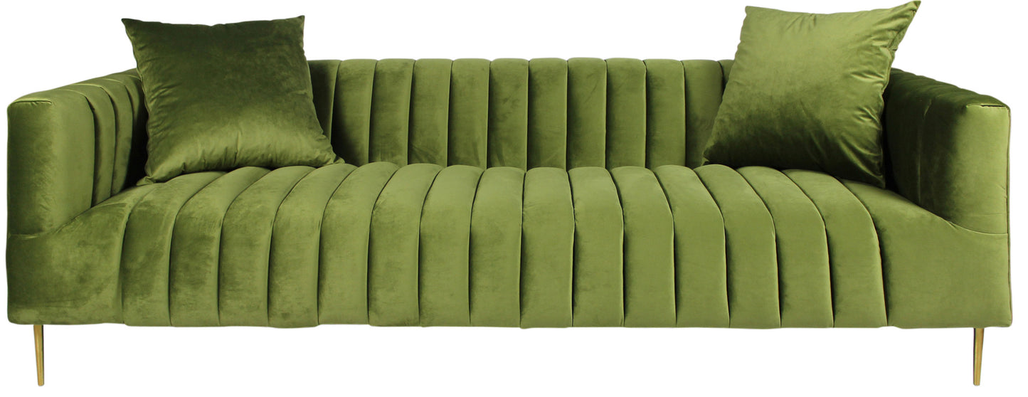 Olive Green Velvet Sofa & Toss Pillows With Gold Legs