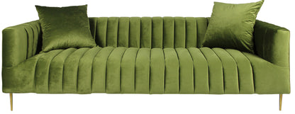 Olive Green Velvet Sofa & Toss Pillows With Gold Legs