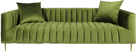 Olive Green Velvet Sofa & Toss Pillows With Gold Legs