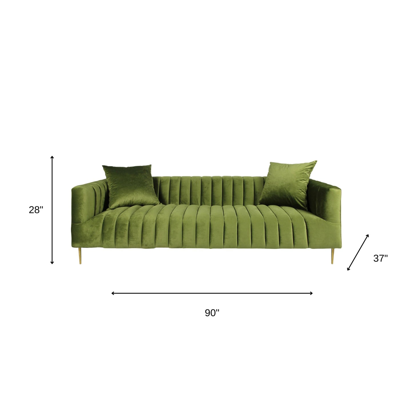 Olive Green Velvet Sofa & Toss Pillows With Gold Legs