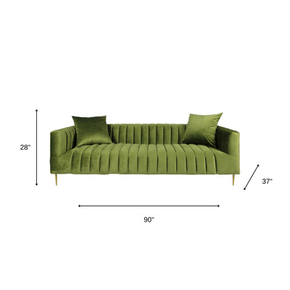 Olive Green Velvet Sofa & Toss Pillows With Gold Legs