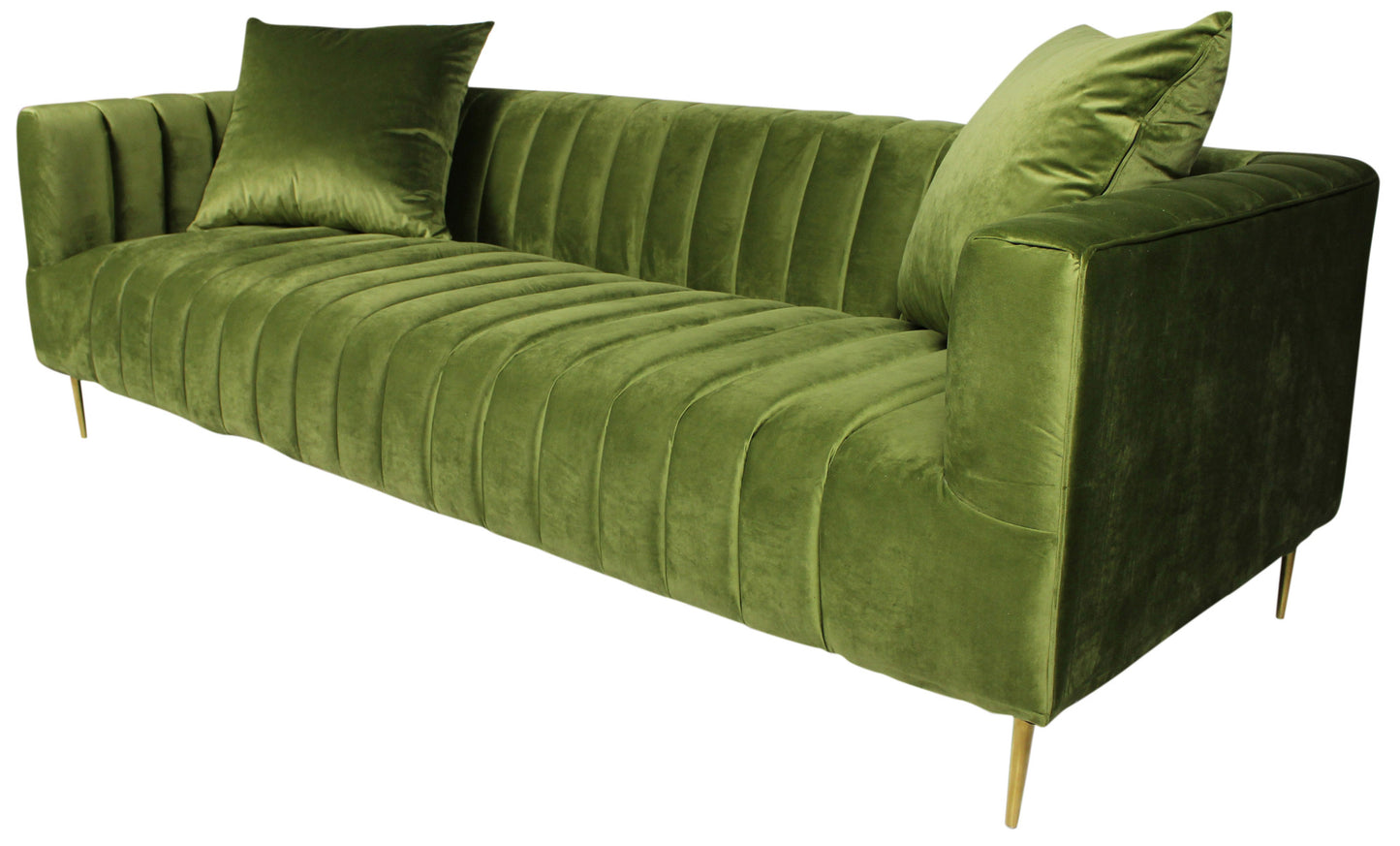 Olive Green Velvet Sofa & Toss Pillows With Gold Legs