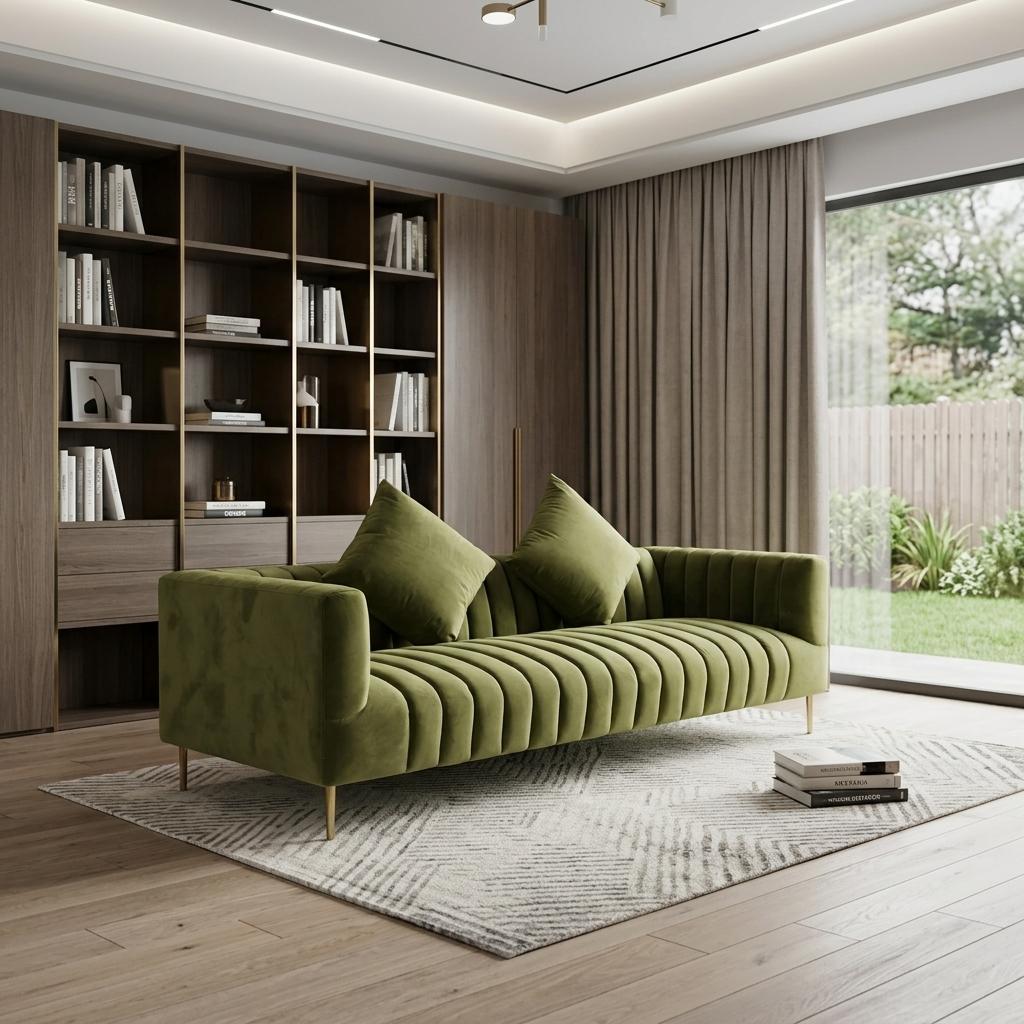 Olive Green Velvet Sofa & Toss Pillows With Gold Legs