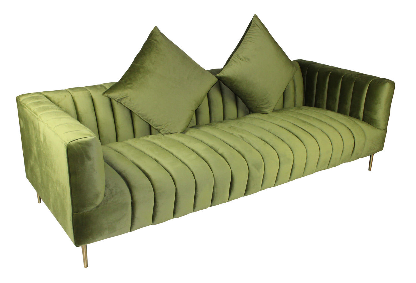 Olive Green Velvet Sofa & Toss Pillows With Gold Legs