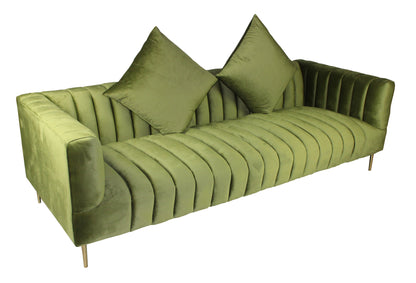 Olive Green Velvet Sofa & Toss Pillows With Gold Legs