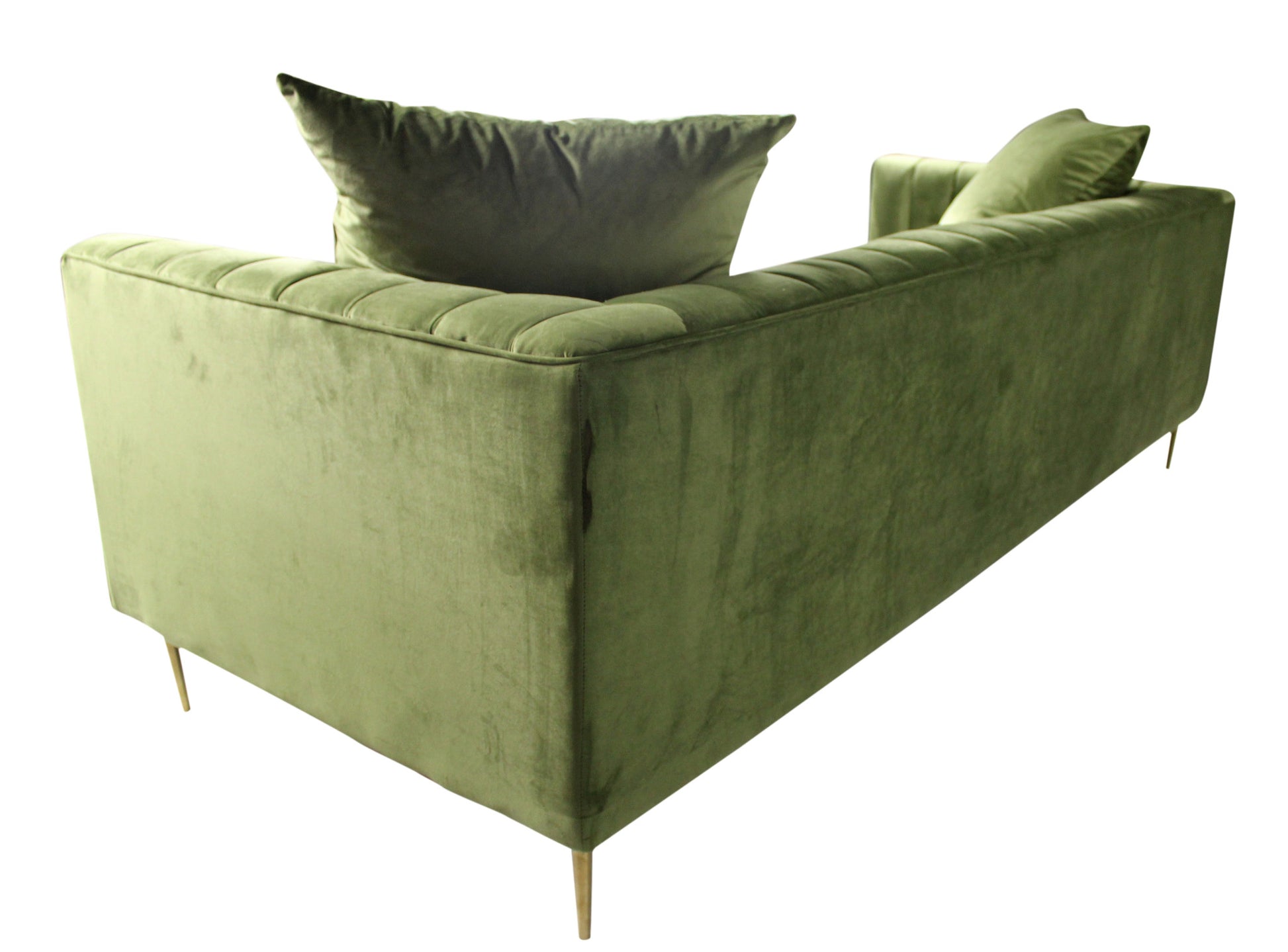 Olive Green Velvet Sofa & Toss Pillows With Gold Legs