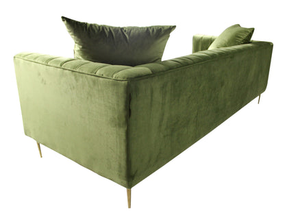 Olive Green Velvet Sofa & Toss Pillows With Gold Legs