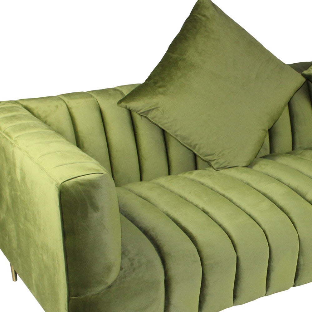 Olive Green Velvet Sofa & Toss Pillows With Gold Legs