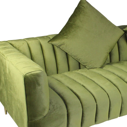 Olive Green Velvet Sofa & Toss Pillows With Gold Legs