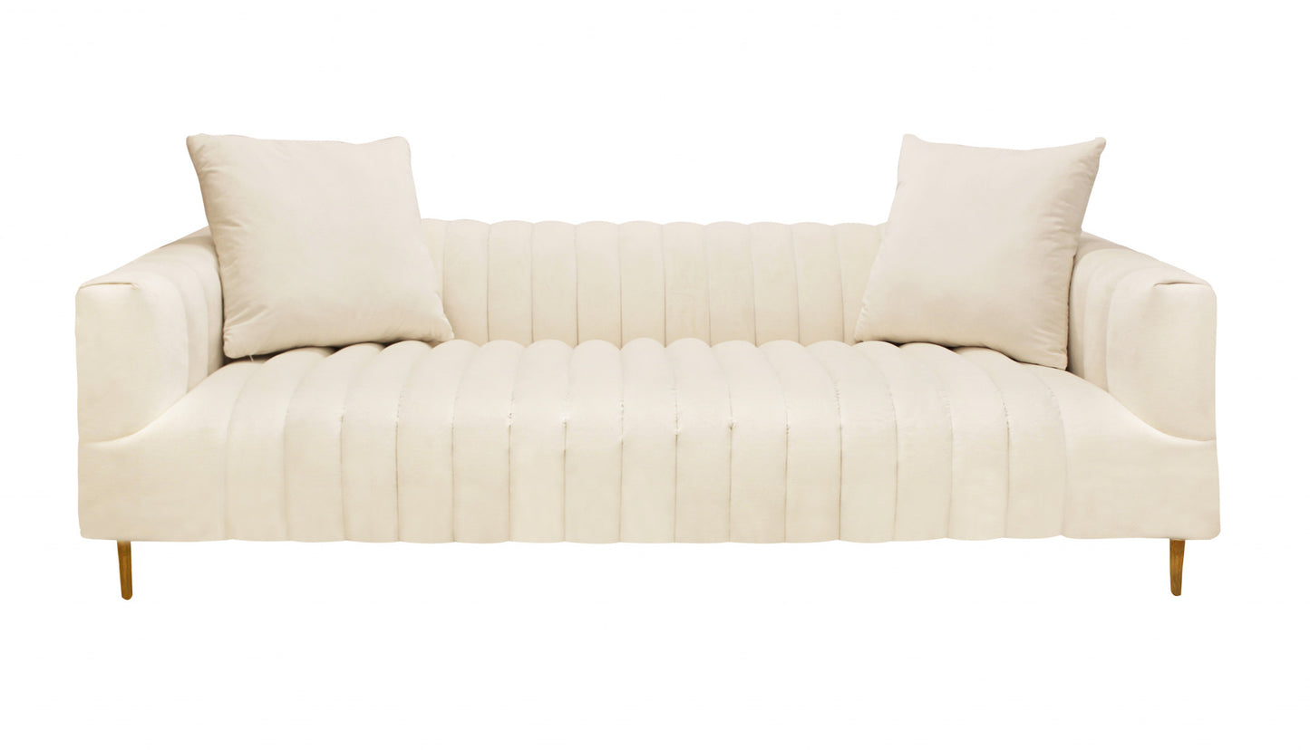Ivory Velvet Sofa & Toss Pillows With Gold Legs