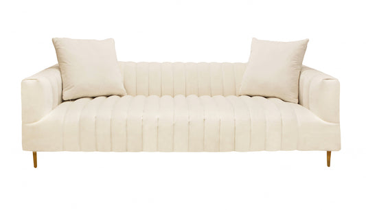 Ivory Velvet Sofa & Toss Pillows With Gold Legs
