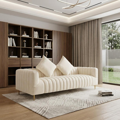 Ivory Velvet Sofa & Toss Pillows With Gold Legs