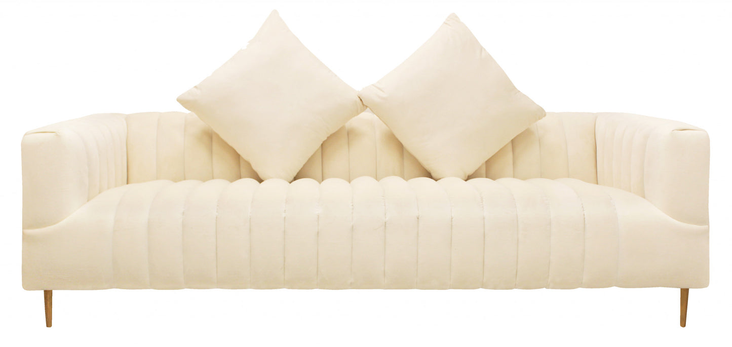 Ivory Velvet Sofa & Toss Pillows With Gold Legs