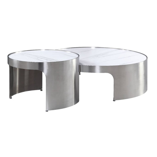 White & Silver Faux Marble Round Nesting Tables