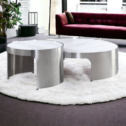 White & Silver Faux Marble Round Nesting Tables