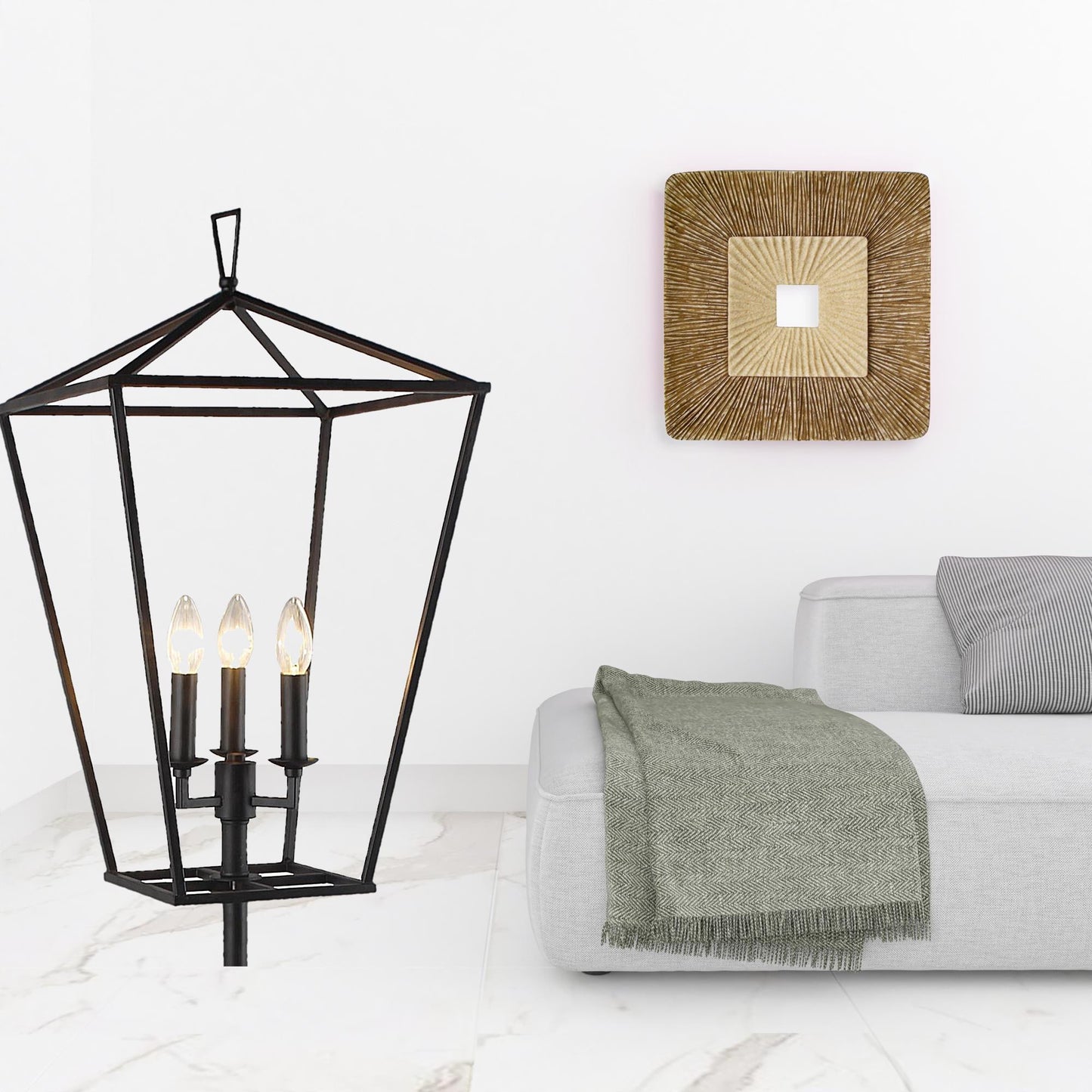 Black 3-Light Floor Lamp w/ Black Geometric Shade
