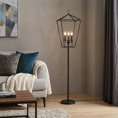 Black 3-Light Floor Lamp w/ Black Geometric Shade