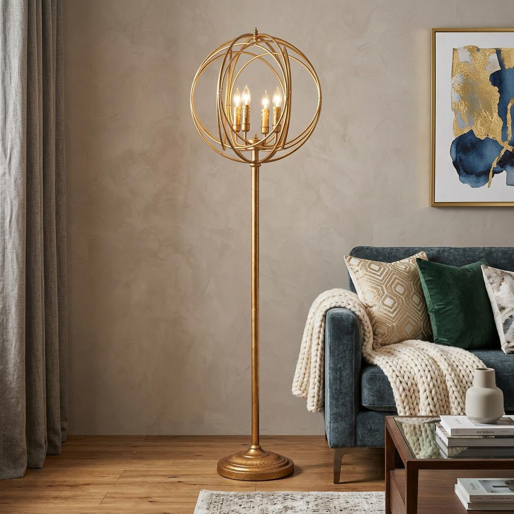 Gold 4-Light Floor Lamp w/ Modern Gold Geometric Shade